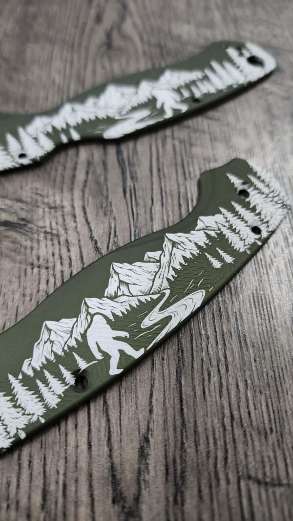 Custom Spyderco PM2 Bigfoot Scales – Custom Engraved Sasquatch Mountain Scene – OD Green Aluminum Loop PM2 Scales – Pacific Northwest EDC