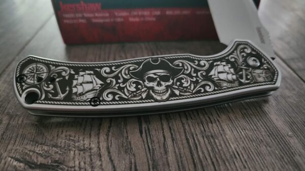 il_fullxfull.8105236021_41q2.jpg Custom Engraved Kershaw Scour Pirate Engraved Knife – Custom Skull & Ship Scrollwork Design – Nautical EDC Pocket Knife – Blackwashed Blade