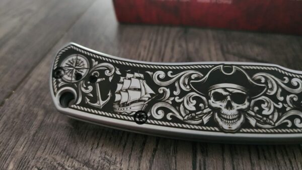 il_fullxfull.8105236821_6gpv.jpg Custom Engraved Kershaw Scour Pirate Engraved Knife – Custom Skull & Ship Scrollwork Design – Nautical EDC Pocket Knife – Blackwashed Blade