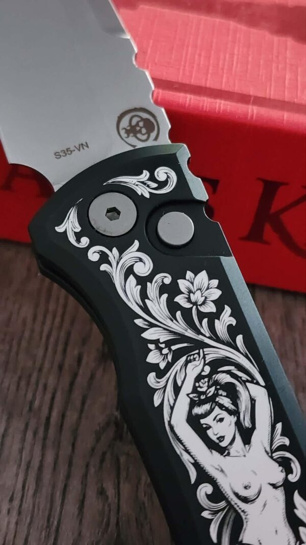 il_fullxfull.8108786719_r1ls.jpg Chaves Knives Pro-Tech Redencion 229 – SW Black – Custom Pin-Up Scroll Engraved Knife – Luxury EDC - Chaves Knives