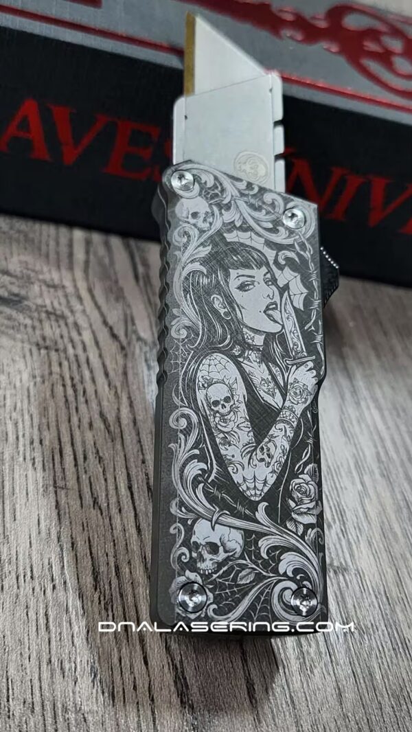 Chaves CHUB OTF Utility Knife - Gothic Tattoo Girl Engraved - Skull & Scrollwork Art - Custom EDC Box Cutter - USA Made