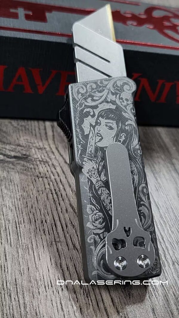 Chaves CHUB OTF Utility Knife - Gothic Tattoo Girl Engraved - Skull & Scrollwork Art - Custom EDC Box Cutter - USA Made