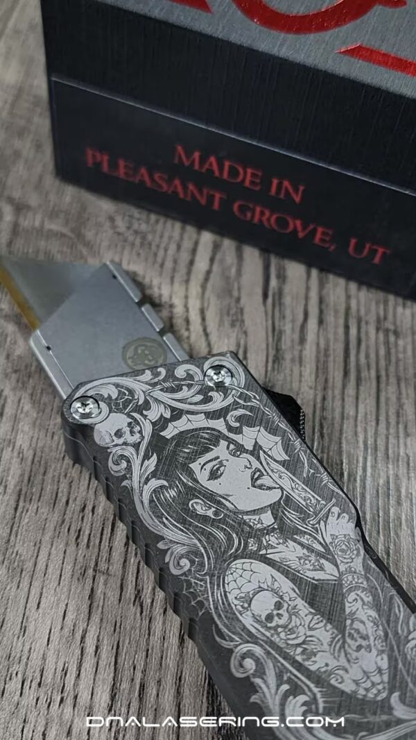 Chaves CHUB OTF Utility Knife - Gothic Tattoo Girl Engraved - Skull & Scrollwork Art - Custom EDC Box Cutter - USA Made