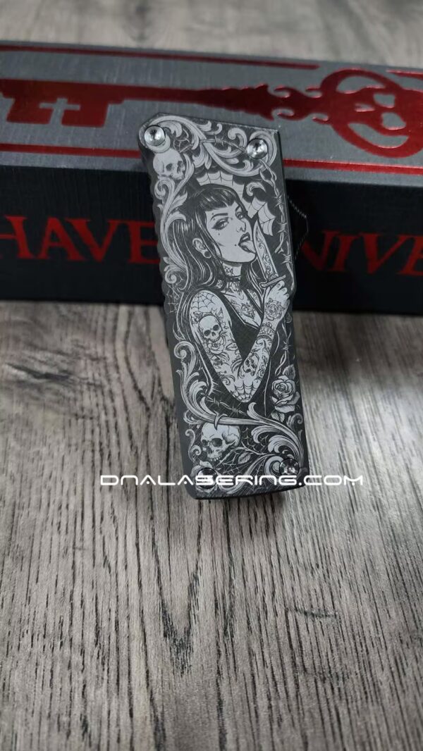 Chaves CHUB OTF Utility Knife - Gothic Tattoo Girl Engraved - Skull & Scrollwork Art - Custom EDC Box Cutter - USA Made