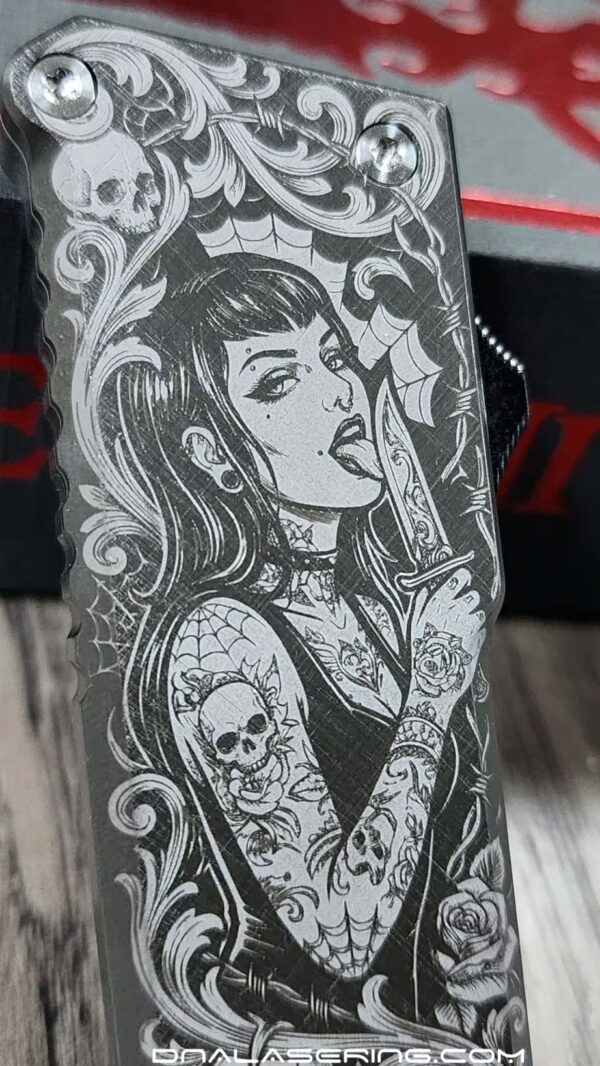 Chaves CHUB OTF Utility Knife - Gothic Tattoo Girl Engraved - Skull & Scrollwork Art - Custom EDC Box Cutter - USA Made