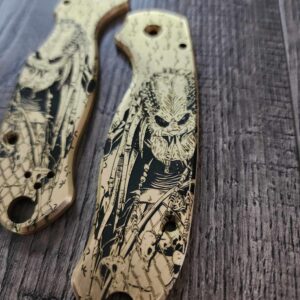 il_fullxfull.5672968766_6q9x.jpg Spyderco PM3 Brass - "Jungle Hunter" Fiber Laser Deep Engraved - Brass Scales - Para 3 - Flytanium Gear - Knife Install Optional