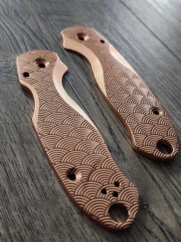 il_fullxfull.5879654203_t92u.jpg PM3 Lotus with Seigaiha Waves Engraved - Copper Scales for Spyderco Paramilitary 3 - Stonewashed - Flytanium Gear - Knife Install Optional