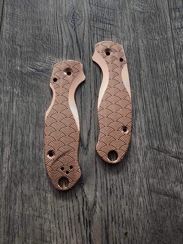 il_fullxfull.5879654635_oxpc.jpg PM3 Lotus with Seigaiha Waves Engraved - Copper Scales for Spyderco Paramilitary 3 - Stonewashed - Flytanium Gear - Knife Install Optional