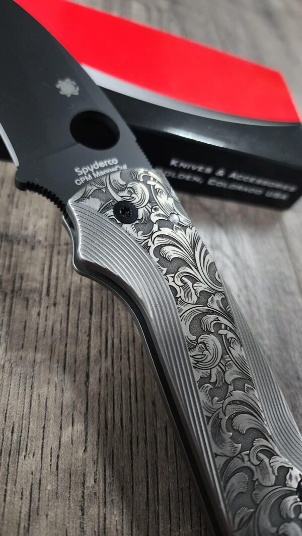 il_fullxfull.7843290458_t7ua.jpg Custom Spyderco Shaman Titanium Lotus Scales w/ Filigree Scroll Relief Engraving – Custom - SCALES ONLY