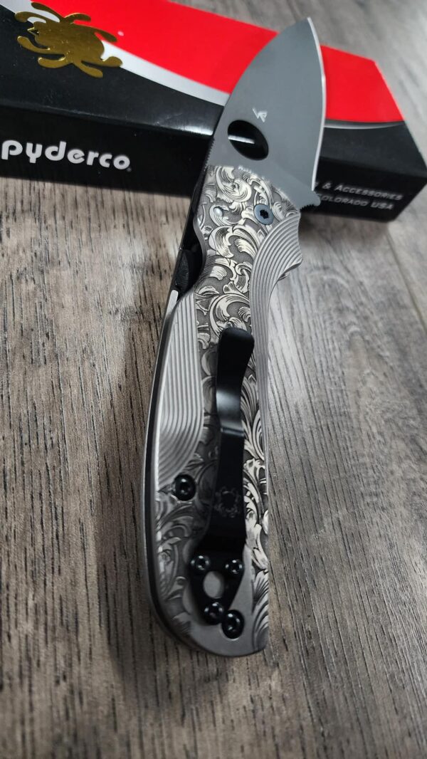 il_fullxfull.7843291276_d18c.jpg Custom Spyderco Shaman Titanium Lotus Scales w/ Filigree Scroll Relief Engraving – Custom - SCALES ONLY