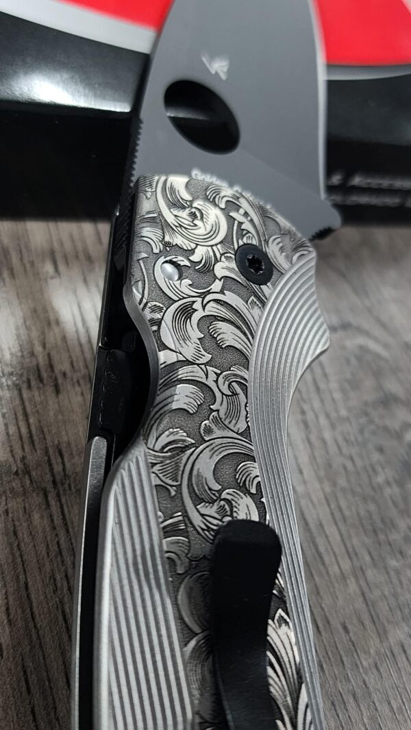 il_fullxfull.7843291756_ehba.jpg Custom Spyderco Shaman Titanium Lotus Scales w/ Filigree Scroll Relief Engraving – Custom - SCALES ONLY