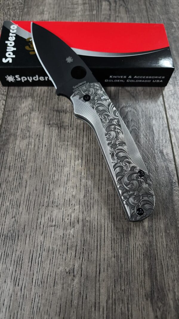 il_fullxfull.7891241457_h613.jpg Custom Spyderco Shaman Titanium Lotus Scales w/ Filigree Scroll Relief Engraving – Custom - SCALES ONLY