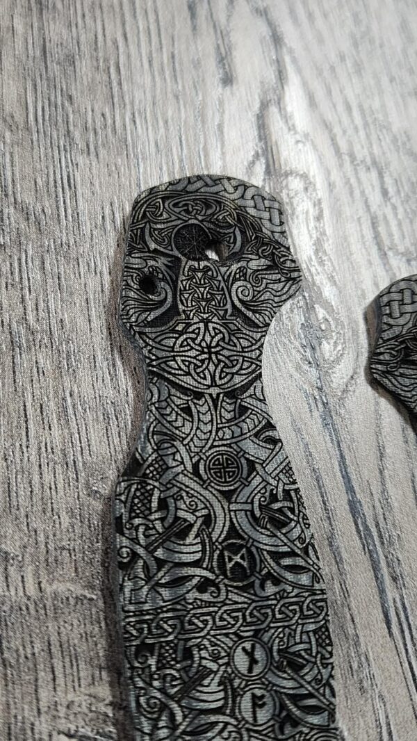 il_fullxfull.7902525420_jqkf.jpg Spyderco PM3 Para 3 Scales ONLY – Black Linen Micarta Lotus w/ Viking Runes Laser Engraving – Custom Scales