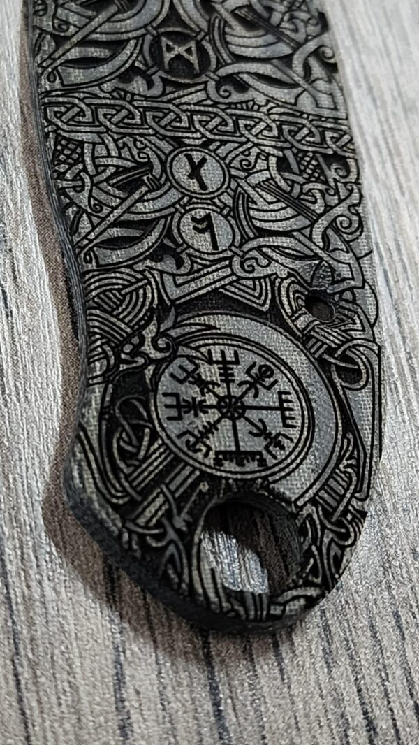 il_fullxfull.7950475851_nzaq.jpg Spyderco PM3 Para 3 Scales ONLY – Black Linen Micarta Lotus w/ Viking Runes Laser Engraving – Custom Scales