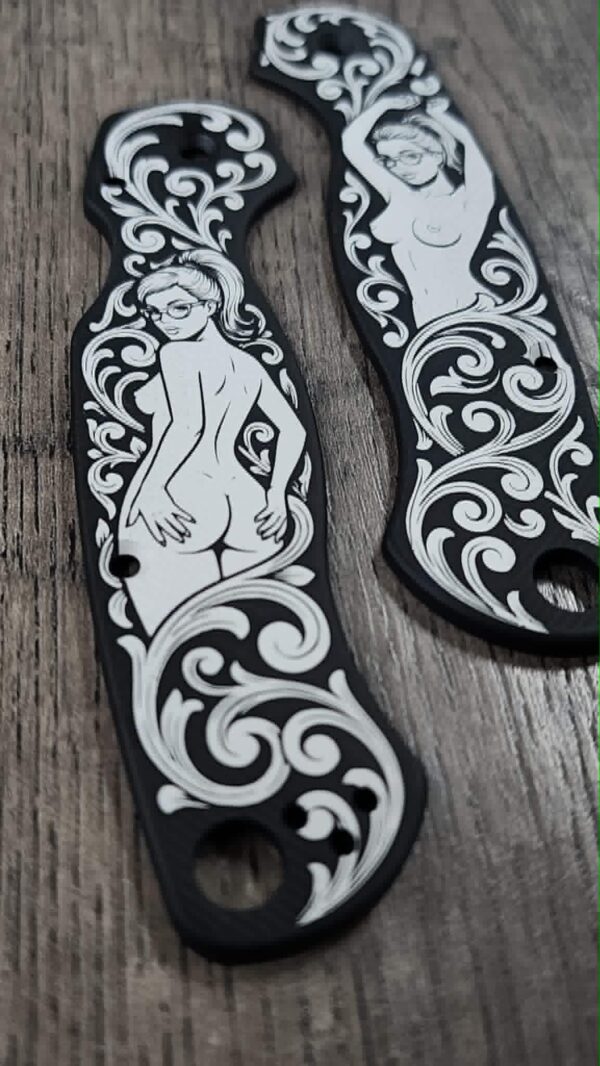 il_fullxfull.8064726960_ae1t.jpg Custom Spyderco PM2 Black Aluminum Scales – Custom Pin-Up Girl 3 - Engraved Loop Scales – 7075 Aluminum Anodized PM2 Scales –