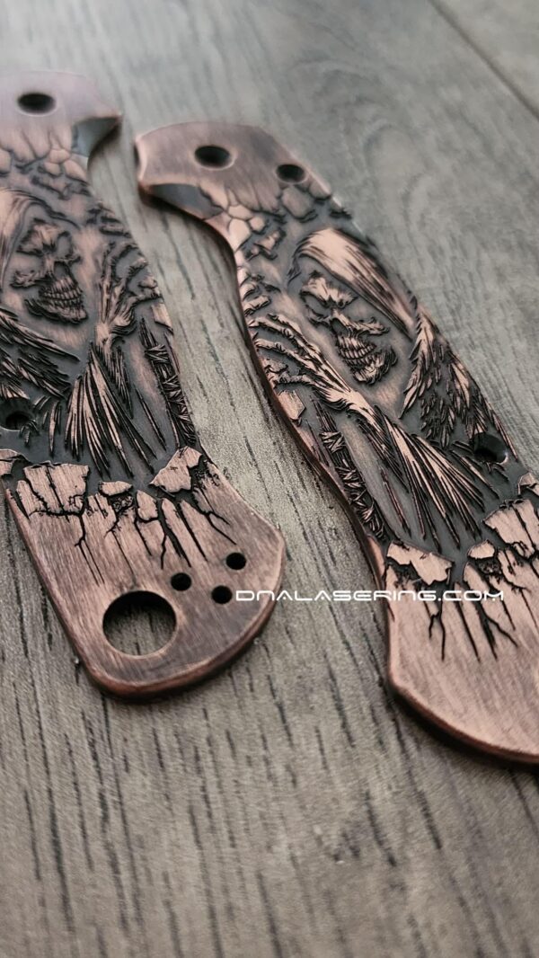 il_fullxfull.8102481536_nl81.jpg Spyderco PM2 - Grim Reaper - Relief Laser Engraved - Copper Knife Scales - Aged - EDC Gear - Knife & Hardware Optional