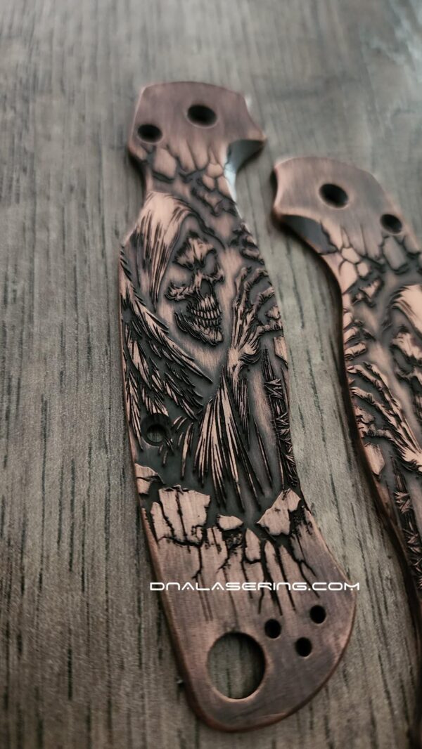 il_fullxfull.8102580714_oz33.jpg Spyderco PM2 - Grim Reaper - Relief Laser Engraved - Copper Knife Scales - Aged - EDC Gear - Knife & Hardware Optional