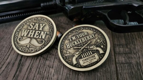 il_fullxfull.8106645560_b4dd.jpg Custom 3D Engraved Doc Holliday "I'm Your Huckleberry" Brass Coin | Say When | 3D Laser Engraved 47mm Brass Challenge Coin | Tombstone
