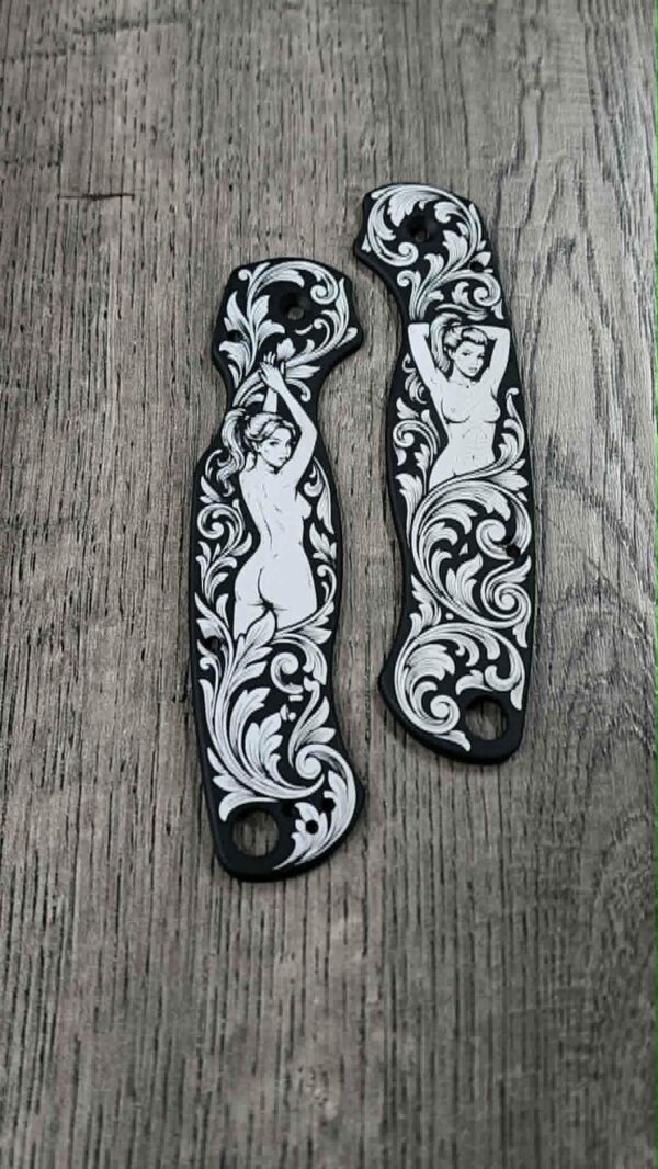 il_fullxfull.8112623541_j4kd.jpg Custom Spyderco PM2 Black Aluminum Scales – Custom Pin-Up Engraved Loop Scales – 7075 Aluminum Anodized PM2 Scales –