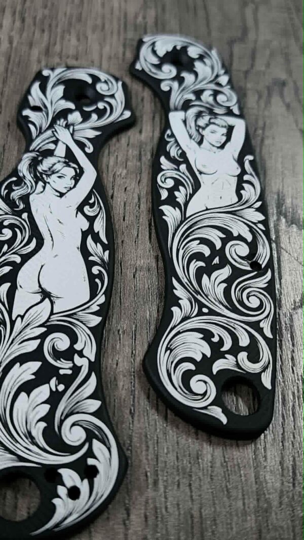 il_fullxfull.8112623845_8pk3.jpg Custom Spyderco PM2 Black Aluminum Scales – Custom Pin-Up Engraved Loop Scales – 7075 Aluminum Anodized PM2 Scales –