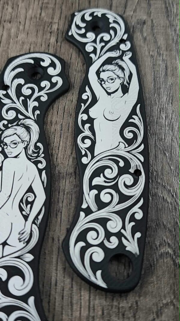 il_fullxfull.8112644625_1n72.jpg Custom Spyderco PM2 Black Aluminum Scales – Custom Pin-Up Girl 3 - Engraved Loop Scales – 7075 Aluminum Anodized PM2 Scales –