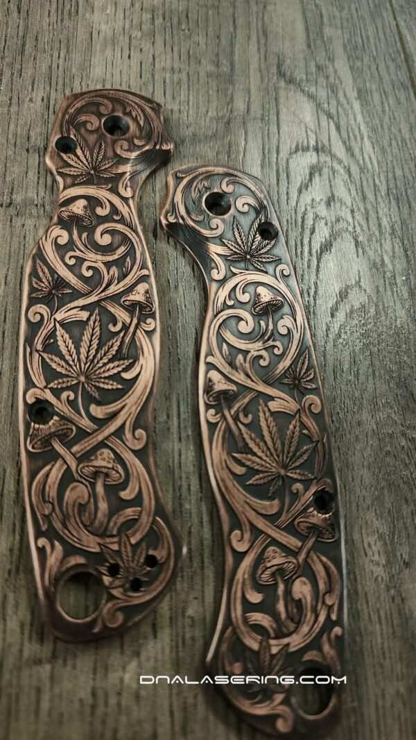 il_fullxfull.8150289483_p9qv.jpg Spyderco PM2 - Cannabis Mushroom Scroll - Relief Laser Engraved - Copper Knife Scales - Aged - EDC Gear - Knife & Hardware Optional