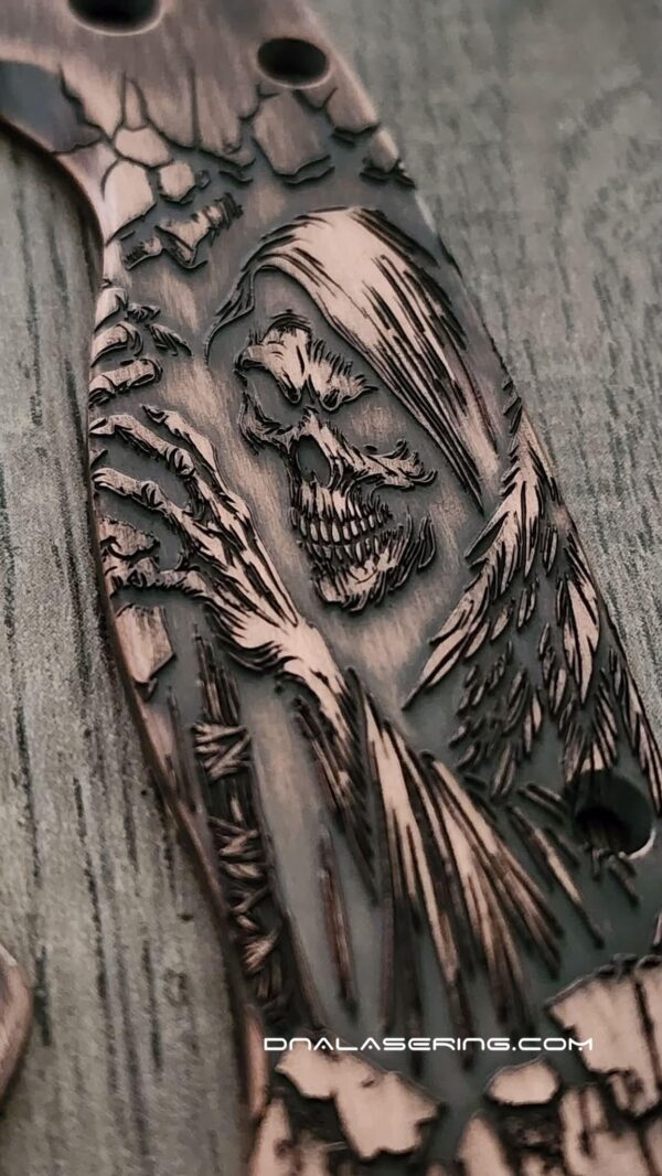 il_fullxfull.8150386963_28xg.jpg Spyderco PM2 - Grim Reaper - Relief Laser Engraved - Copper Knife Scales - Aged - EDC Gear - Knife & Hardware Optional