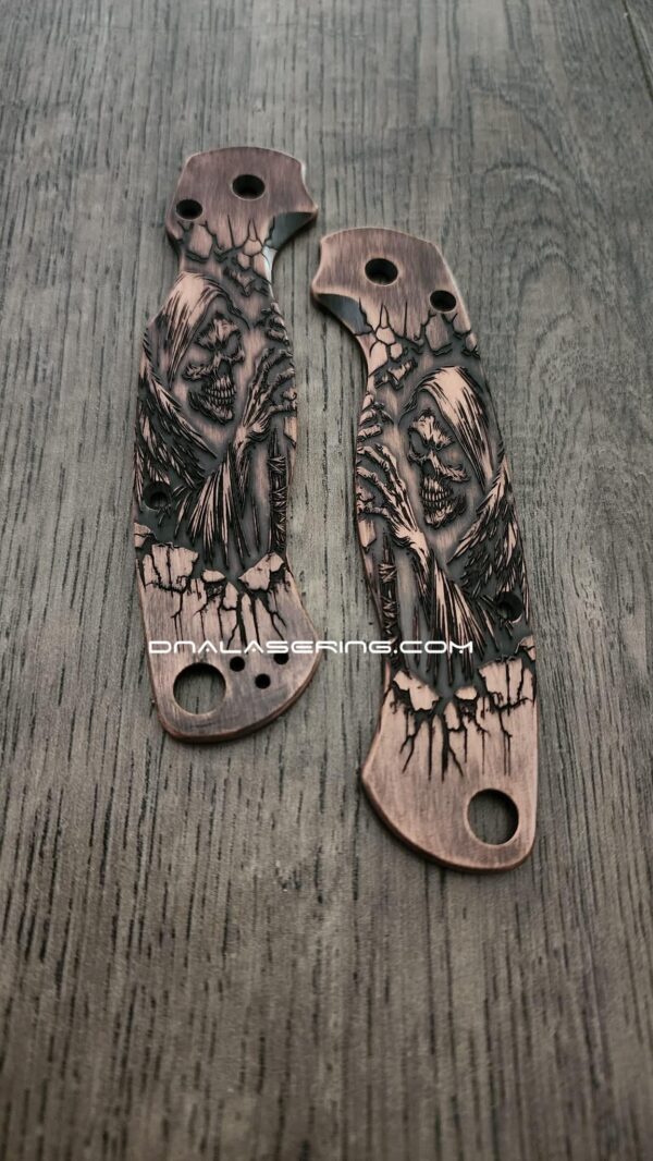 il_fullxfull.8150391857_m4oy.jpg Spyderco PM2 - Grim Reaper - Relief Laser Engraved - Copper Knife Scales - Aged - EDC Gear - Knife & Hardware Optional