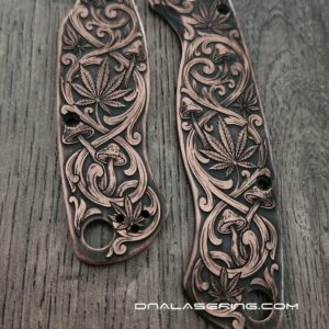 Spyderco PM2 - Cannabis Mushroom Scroll - Relief Laser Engraved - Copper Knife Scales - Aged - EDC Gear - Knife & Hardware Optional