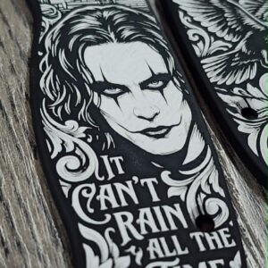 Spyderco PM3 Custom Engraved Black Aluminum Scales | The Crow Theme | "It Can't Rain All The Time" | Gothic EDC Knife Scales