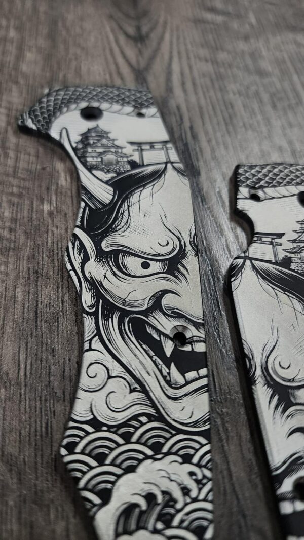 il_fullxfull.8167648882_9ssk.jpg Spyderco Yojumbo Titanium Scales | Black Cerakote Japanese Oni Design | Custom Laser Engraved Titanium Scales | Samurai EDC Upgrade