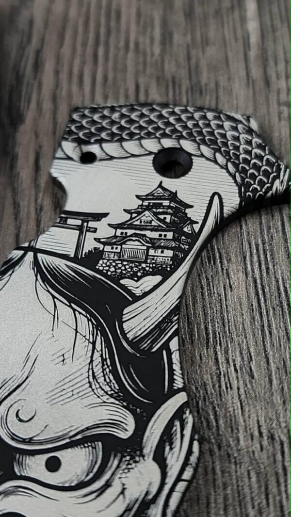 il_fullxfull.8167649114_dxac.jpg Spyderco Yojumbo Titanium Scales | Black Cerakote Japanese Oni Design | Custom Laser Engraved Titanium Scales | Samurai EDC Upgrade