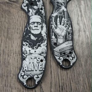 Spyderco PM3 Custom Engraved Black Aluminum Scales | Frankenstein  | "It's ALIVE!" |  EDC Knife Scales