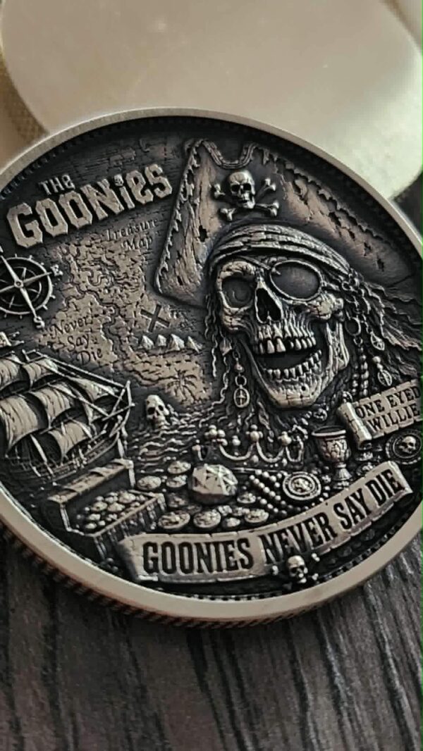 il_fullxfull.8217725939_lm1p.jpg 3D Engraved Goonies Brass Challenge Coin | 50mm Collector Coin | One Eyed Willy Treasure Coin | Goonies Never Say Die | Adventure Movie Fan