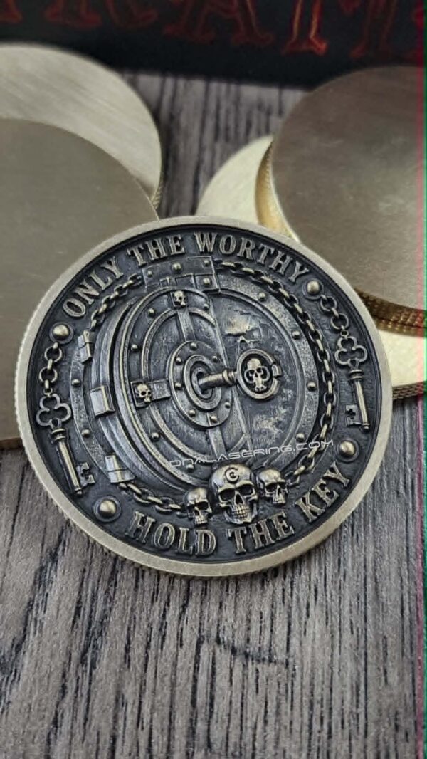Chaves Knives Inspired Brass Challenge Coin | 50mm Collector Coin | Only the Worthy Hold the Key | 3D Engraved EDC Collectible