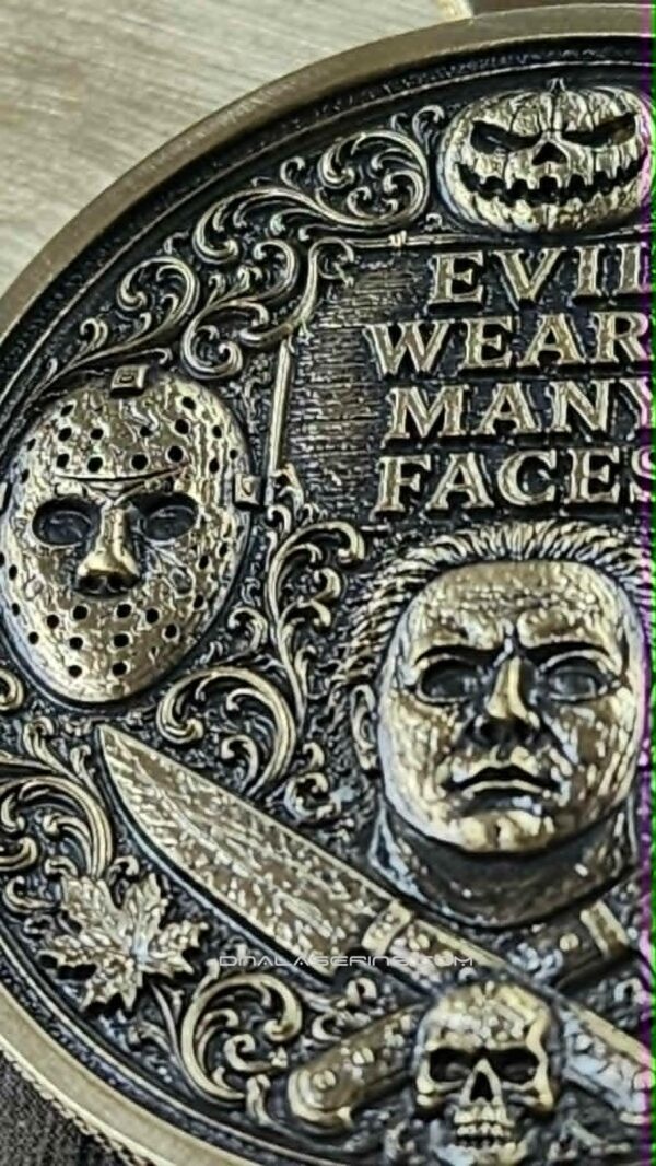 Evil Wears Many Faces Solid Brass Challenge Coin | Horror Movie Inspired Halloween Collectible | 3D Relief Engraved Collector Coin