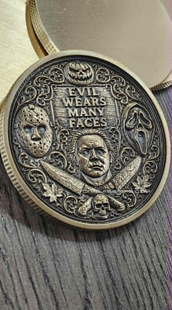 Evil Wears Many Faces Solid Brass Challenge Coin | Horror Movie Inspired Halloween Collectible | 3D Relief Engraved Collector Coin