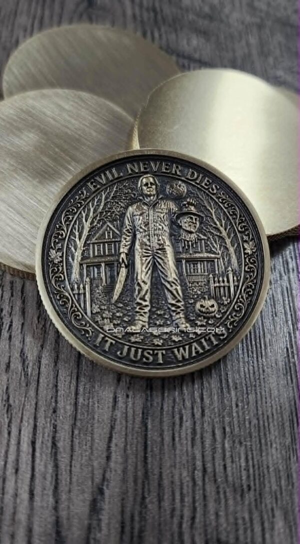 Evil Wears Many Faces Solid Brass Challenge Coin | Horror Movie Inspired Halloween Collectible | 3D Relief Engraved Collector Coin