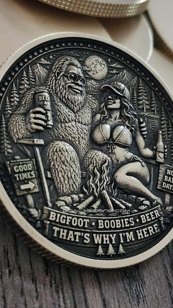 Bigfoot - Boobies - Beer Challenge Coin – 3D Laser Engraved 50mm Brass Coin - Funny Camping & Sasquatch Collector Coin