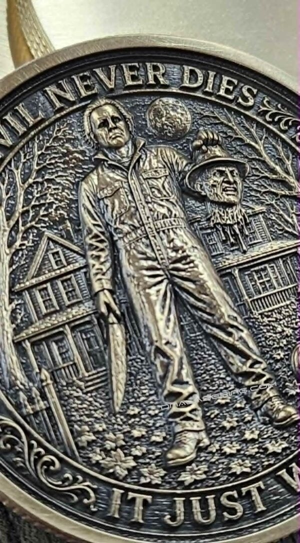 Evil Wears Many Faces Solid Brass Challenge Coin | Horror Movie Inspired Halloween Collectible | 3D Relief Engraved Collector Coin