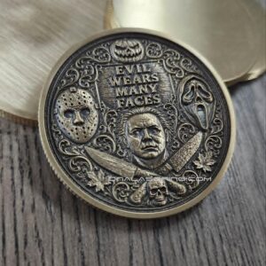 il_fullxfull.8257242447_t95m.jpg Evil Wears Many Faces Solid Brass Challenge Coin | Horror Movie Inspired Halloween Collectible | 3D Relief Engraved Collector Coin