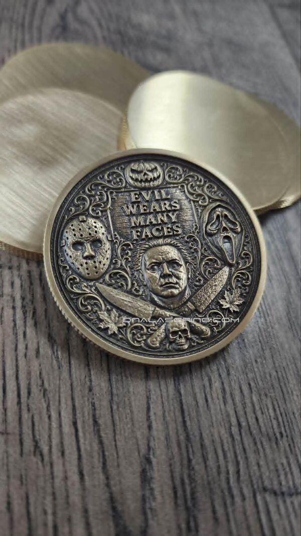 Evil Wears Many Faces Solid Brass Challenge Coin | Horror Movie Inspired Halloween Collectible | 3D Relief Engraved Collector Coin