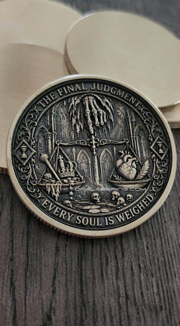 il_fullxfull.8257244037_r1vs.jpg Memento Mori Solid Brass 50mm Challenge Coin | "The Final Judgment" | 3D Relief Engraved | EDC Collector Coin