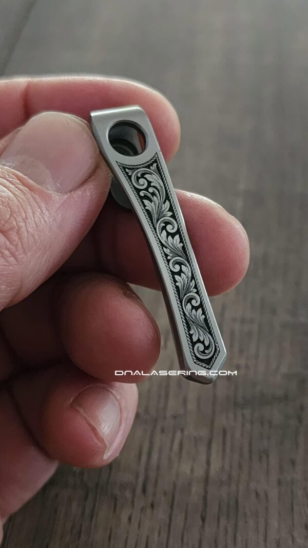 Chris Reeve "CRF" Model 1 Flat Top Clip - Custom Scroll - Laser Engraved Titanium - LynchNW Deep Carry Pocket Knife Clip - Made In USA