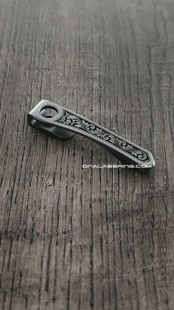 Chris Reeve "CRF" Model 1 Flat Top Clip - Custom Scroll - Laser Engraved Titanium - LynchNW Deep Carry Pocket Knife Clip - Made In USA