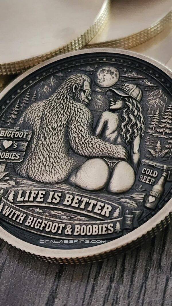 Bigfoot - Boobies - Beer Challenge Coin – 3D Laser Engraved 50mm Brass Coin - Funny Camping & Sasquatch Collector Coin