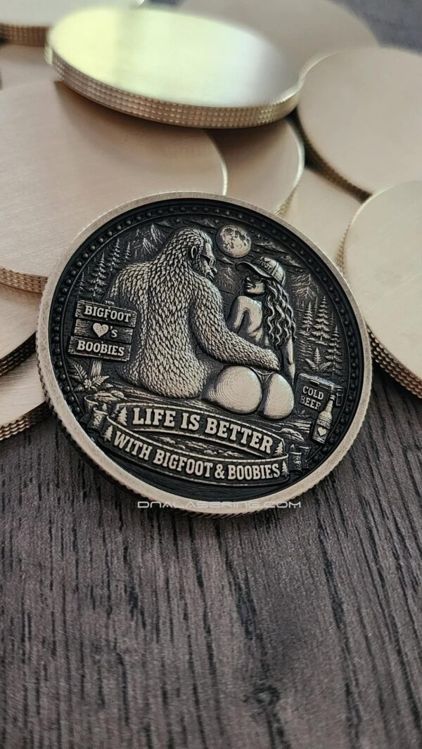 Bigfoot - Boobies - Beer Challenge Coin – 3D Laser Engraved 50mm Brass Coin - Funny Camping & Sasquatch Collector Coin