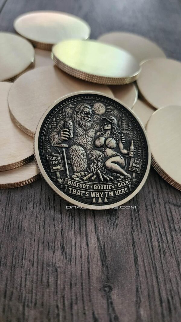 Bigfoot - Boobies - Beer Challenge Coin – 3D Laser Engraved 50mm Brass Coin - Funny Camping & Sasquatch Collector Coin