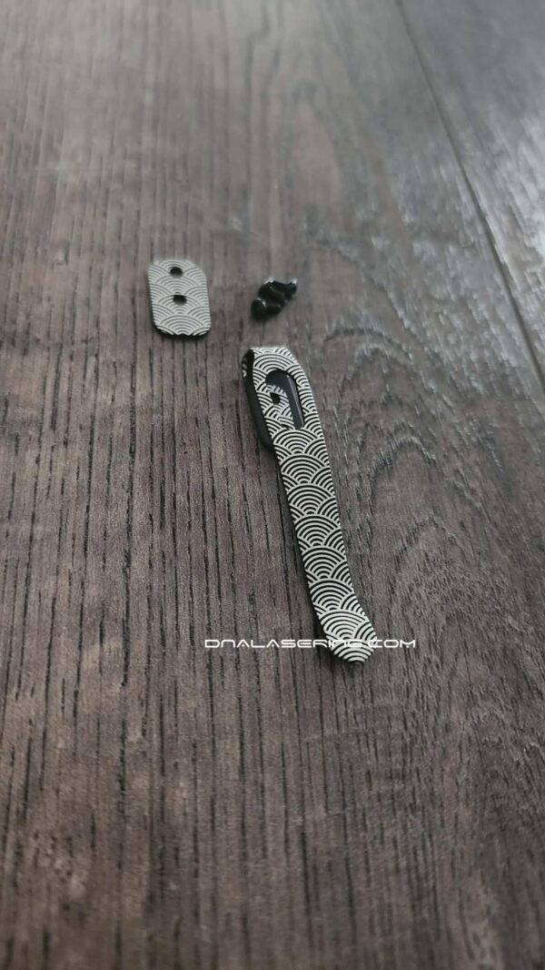 Spartan Harsey Standard Clip - Seigaiha Waves - Laser Engraved Titanium - Deep Carry Pocket Knife Clip - Black Cerakote Finish - Made In USA