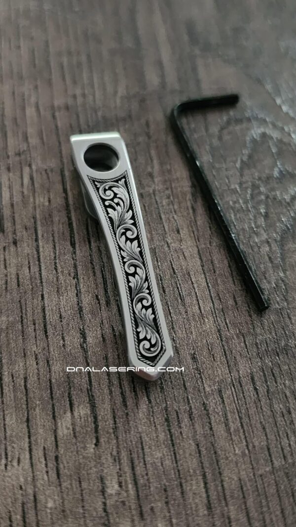 Chris Reeve "CRF" Model 1 Flat Top Clip - Custom Scroll - Laser Engraved Titanium - LynchNW Deep Carry Pocket Knife Clip - Made In USA